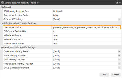 The Single Sign On Identity Provider dialog box has a grid with row headings that have a gray background with black text and can be expanded to display fields with a white background and black text. In this example, in the OIDC Compliant Provider Settings section, User Name Lookup is highlighted to show that aud has been added.